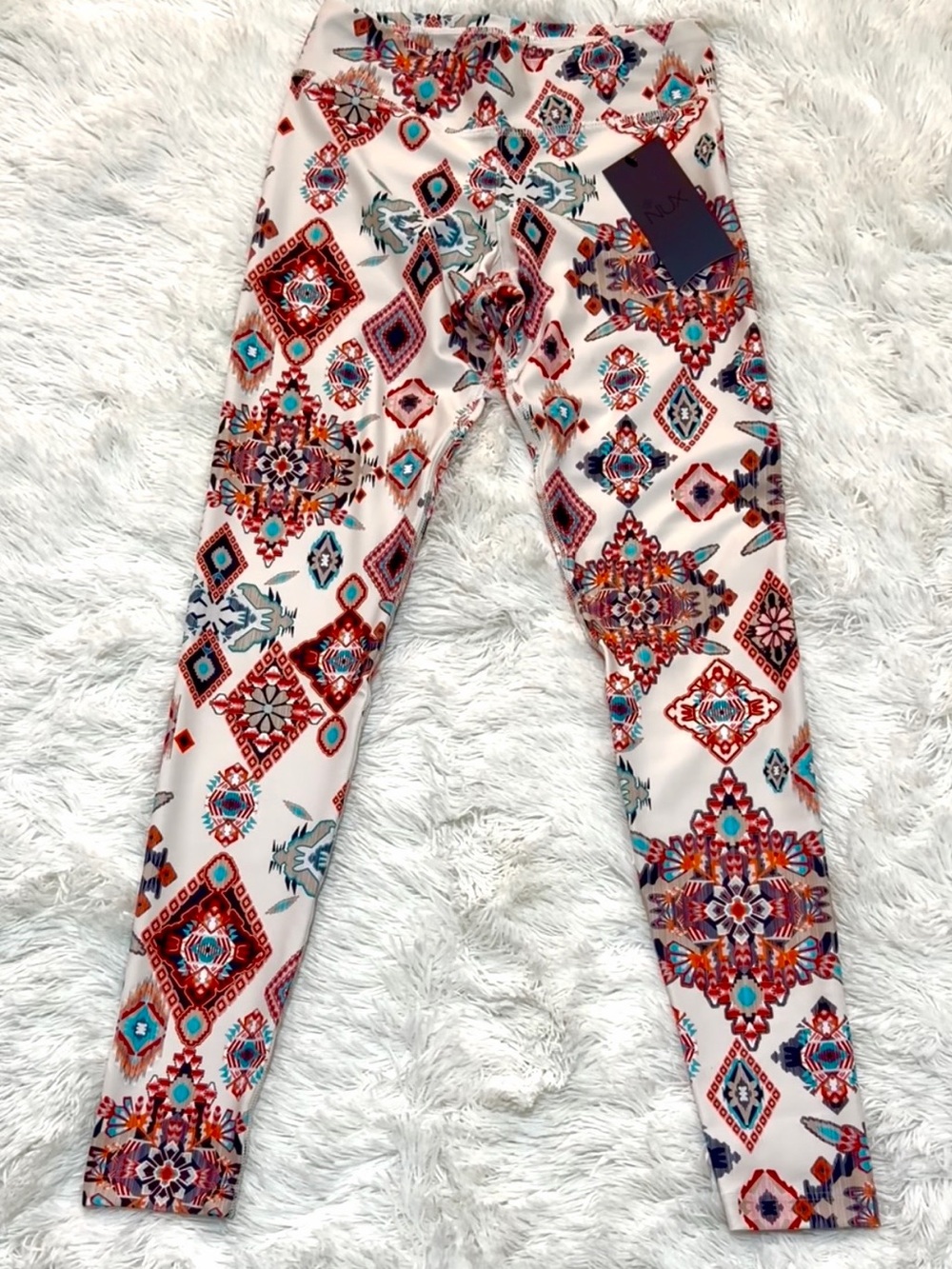 NUX White Leggings with Turquoise, Red & Navy Aztec Print
